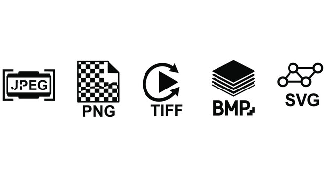 File format icons representing jpeg png tiff bmp and svg on a white background