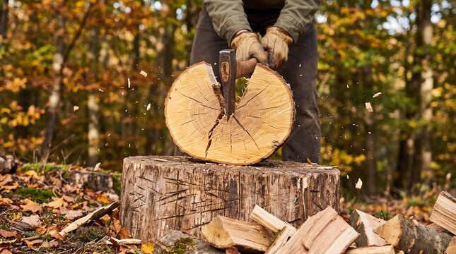 A person wearing work gloves splits a freshly cut log with an axe in an autumn forest setting. Wood chips scatter as the tool strikes the pale wood grain against a backdrop of golden and green...