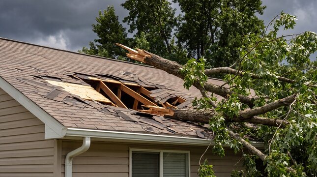 A large tree branch has crashed through a residential roof, creating a massive hole and exposing wooden structural framing. The damaged asphalt shingle roof shows significant destruction against a...