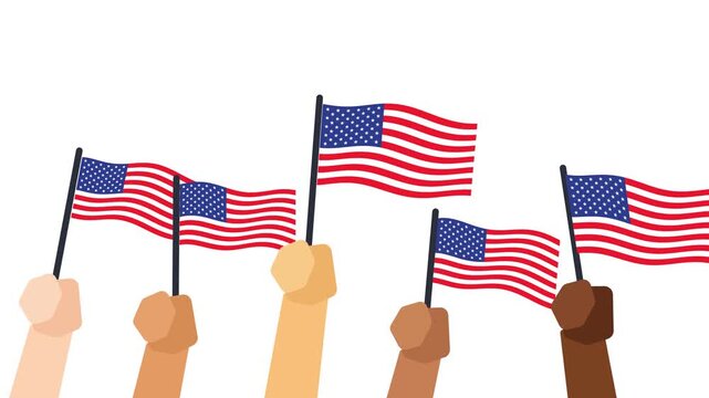 United States flags waving in the wind held by hands American national celebration animation on white background