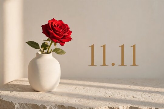 A single vibrant red rose in a minimalist white ceramic vase on a textured stone surface with soft natural sunlight