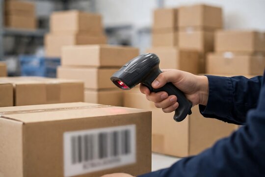 Warehouse worker scanning a barcode on a cardboard box with a handheld scanner