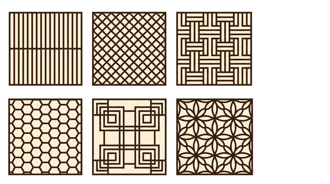 Set of six traditional Korean hanok lattice window pattern tiles, flat vector style on transparent background