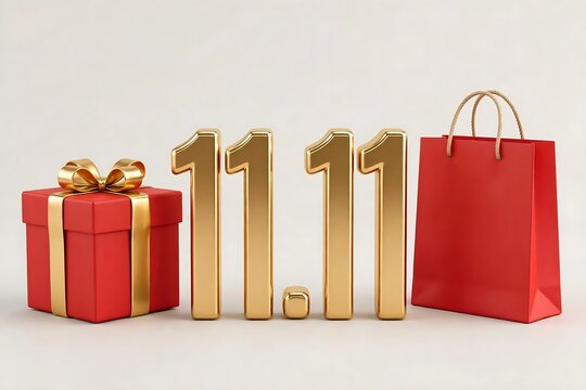 3d rendering of 1111 shopping festival sale concept with red gift box and shopping bag