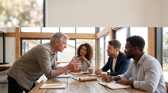 professional mentorship event, a veteran mentor engages with young adults in a sunlit, modern workshop
