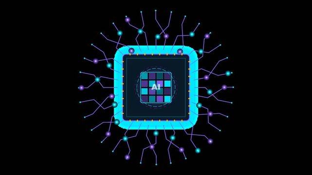 Artificial intelligence abstract concept with glowing microchip and neural network lines on Transparent Background