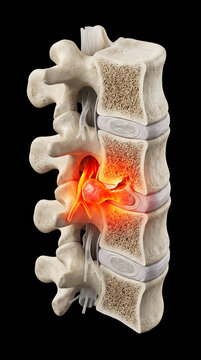 This detailed 3D medical illustration showcases a lumbar herniated disc, clearly depicting the ruptured intervertebral disc compressing a spinal nerve root, leading to inflammation and pain. It's i...