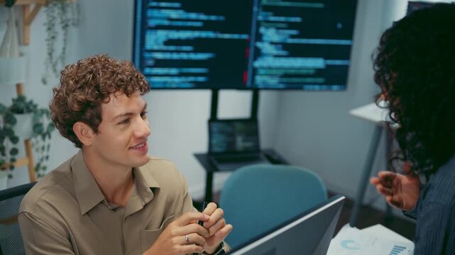 Diverse team software developer discuss AI coding and project strategy at office. Creative startup group brainstorming, Mentor code review training, Digital communication innovation strategy concept.