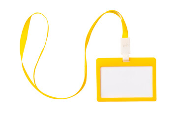 Obraz premium Yellow identification badge holder with attached lanyard displayed on a white background