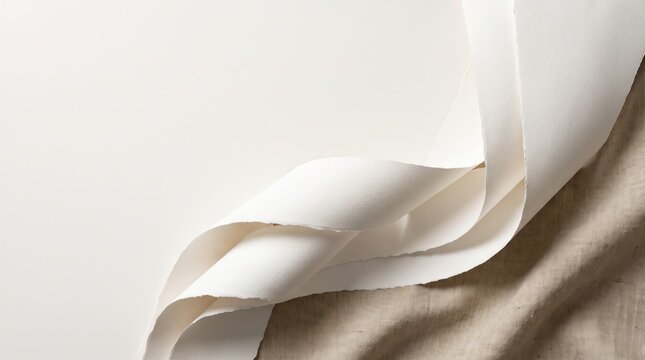 Abstract composition of white textured paper sheets with torn edges draped over a natural beige linen fabric background, creating elegant curves and soft shadows