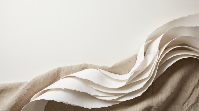 Abstract composition of layered torn white paper sheets resting on a textured beige fabric background, creating a soft wave effect with copy space for design