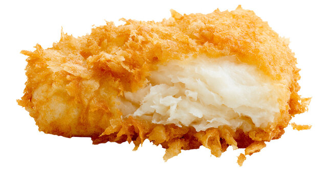Golden crispy breaded fried fish fillet piece with flaky white meat texture