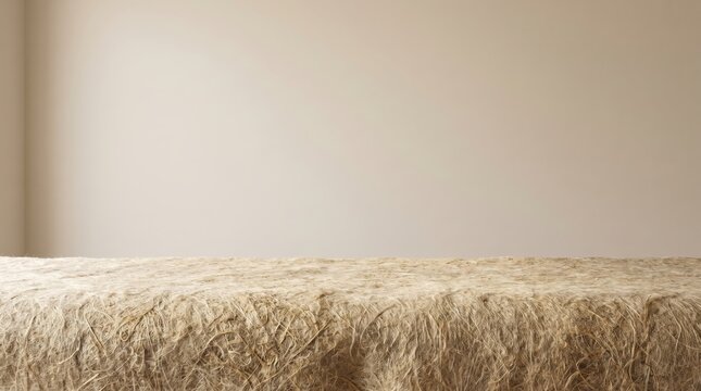 Empty table with a rustic burlap textured surface against a plain beige wall background, perfect for product display or food photography