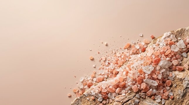 Himalayan pink salt crystals scattered on a textured stone surface against a soft beige background, highlighting the natural mineral texture and warm color palette