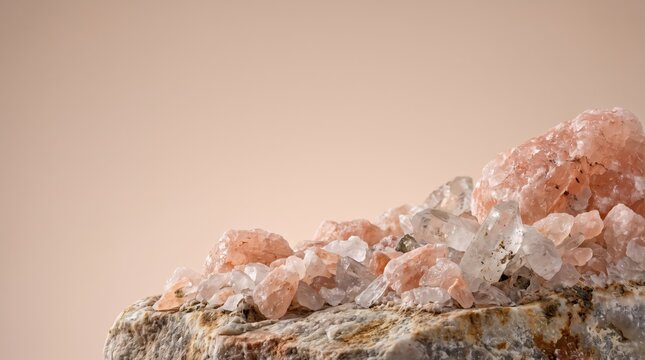Raw himalayan pink salt crystals and mineral rocks on a textured stone base against a soft beige background, showcasing natural geological formations and textures