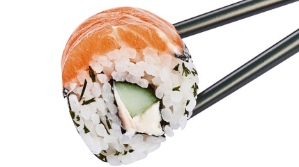 Fresh salmon sushi roll with cucumber and cream cheese held by black chopsticks © Gisela