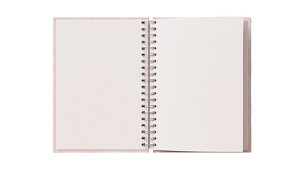 Open spiral bound notebook with blank white pages and pink fabric textured cover © Gisela