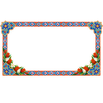 Turkish frame border with iznik tile pattern and red tulips floral ornament vector illustration