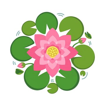 Flat vector die-cut sticker of lotus flower pink lotus floating with lily pads in a circle on white background