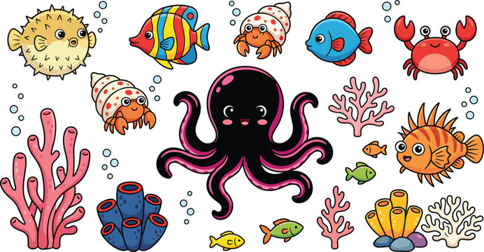 Cute Sea Animals and Coral Reef Vector Set Featuring Octopus, Pufferfish, Crab, Hermit Crabs, and Colorful Fishes for Kids Educational Designs