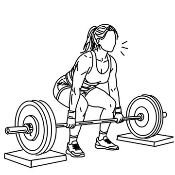 Woman Lifting Heavy Barbell, Deadlift Exercise, Minimalist Continuous Line Art Vector Illustration Isolated on White Background