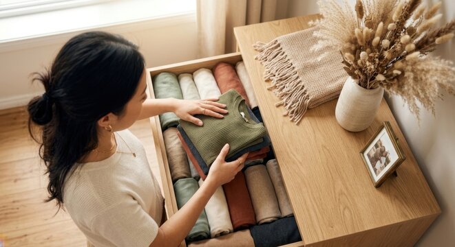 Young woman organizing her wardrobe by tidily folding sweaters into wooden dresser drawers, minimalist home organization lifestyle concept with earthy tones and natural light
