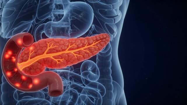 Human Pancreas - Anatomical 3D Model showing Internal Ducts and Inflammation - Cinematic Medical Animation 4K Footage