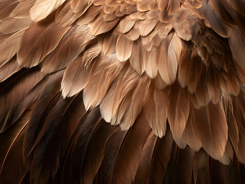 Layered brown feathers in warm light and deep shadow