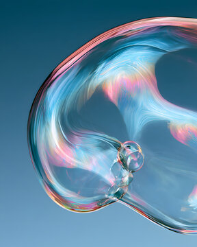 Iridescent fluid bubble curving against a deep blue background