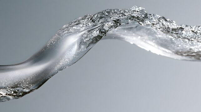 Clear water ribbon twisting across a soft gray background