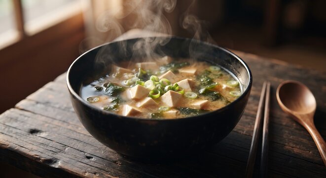 Japanese miso soup with tofu, wakame seaweed and green onion in black bowl with steam