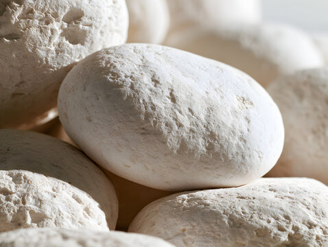 Oval white pebble resting among rough pale stones