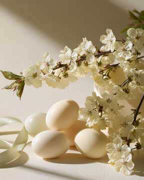 Cream Easter eggs and white blossoms in warm sunlight