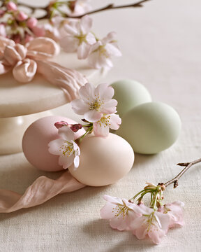 Pink and pale green Easter eggs with delicate flowering branches