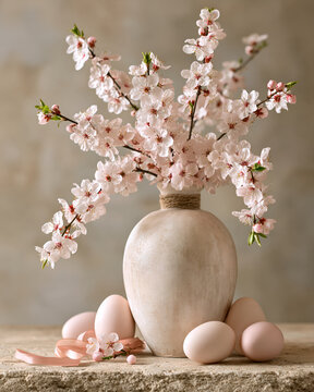 Pink blossom branches in a rustic vase with pastel Easter eggs