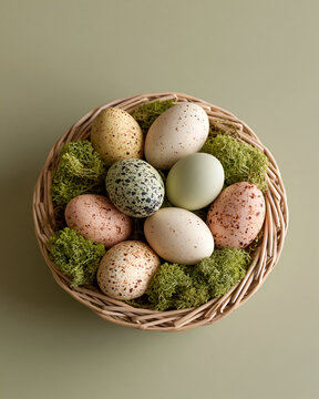 Overhead view of pastel Easter eggs in a round mossy basket
