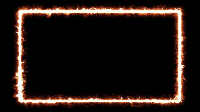 Blazing white hot rectangle frame with rising orange flames and sparks on black background, animated fire border, empty copy space for text or video