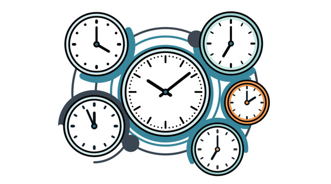 Multiple clocks arranged abstractly, time zones concept, isolated on transparent background