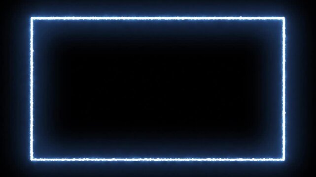 Glowing blue neon rectangle frame with white core and soft glow on black background, thin animated light border, empty copy space for text or video
