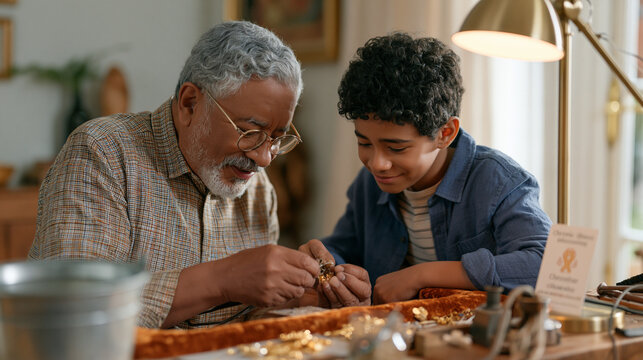 An elderly goldsmith passes a fine granulation technique to a grandchild in a luxury home workshop, a bucket of quench water nearby as the intergenerational transfer of craft