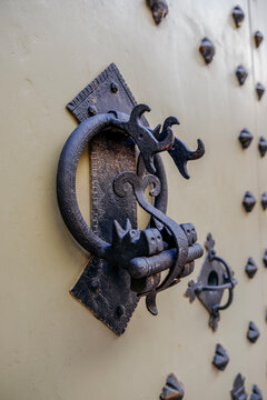 Gothic Style Forged Iron Dragon Ring Door Knocker on Studded Door