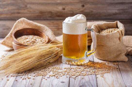 mug of beer and barley seeds on wooden table