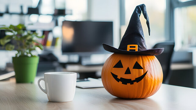 A Halloween pumpkin in a witch's hat next to a cup of coffee on an office desk on a clear day