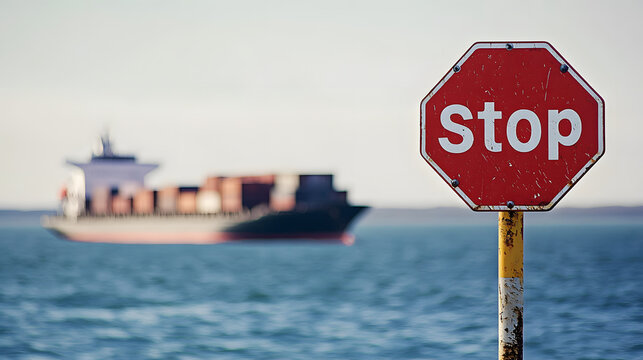 A stop sign against the backdrop of a ship sailing in the ocean on a clear day