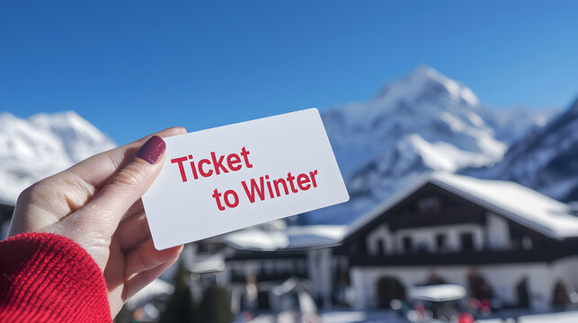 A white business card with the inscription "Ticket to Winter" in a woman's hand against the backdrop of a ski resort and snow-capped mountains on a sunny day