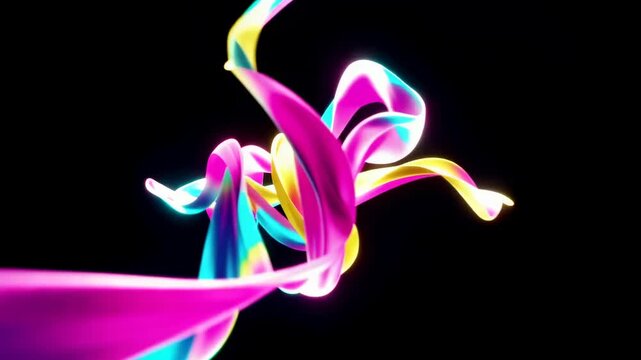 Colorful abstract ribbons twist and flow through luminous neon loops, creating a dynamic multicolored digital animation against a deep black background