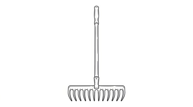 Minimalist garden rake line drawing, black and white landscaping tool illustration, hand drawn garden equipment icon on white background