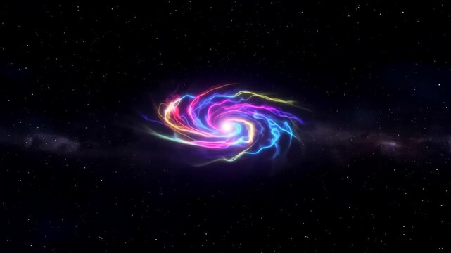 Colorful spiral galaxy animation with glowing blue, yellow, pink, and red energy streams rotating inward through a star-filled cosmic background