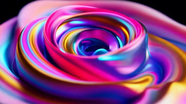 Abstract colorful fluid vortex twisting and flowing in a continuous spiral, with vivid pink, blue, gold, and purple ribbons against a dark background