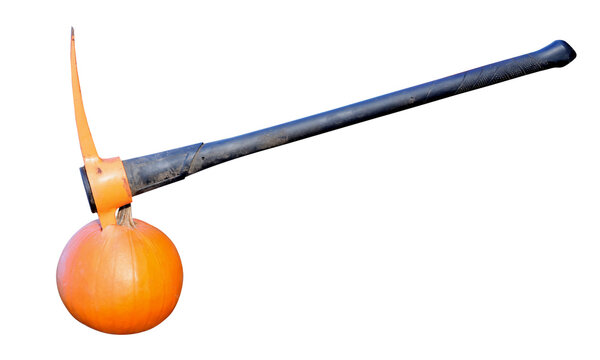 pickaxe stuck in pumpkin isolated on transparent background